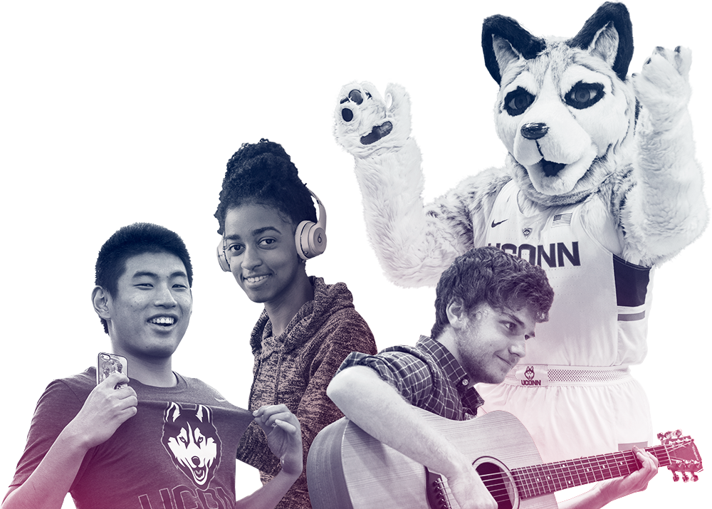 group of students and Jonathan, UConn Mascot, in a collage