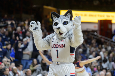 Jonathan the Husky on the court during the men's basketball game against Cincinnati at Gampel Pavilion on March 5, 2017